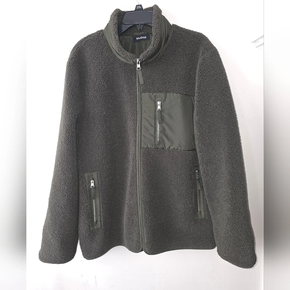 Naadam Mens Fleece Sherpa Zip Up Jacket Dark Olive Green XL NWOT
